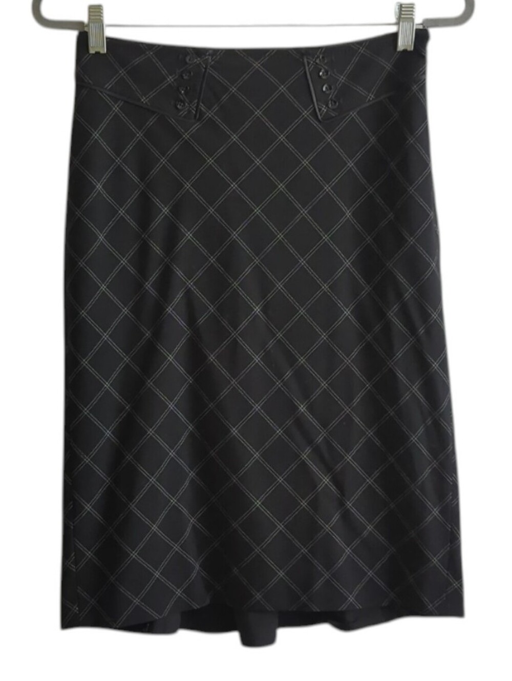 White House Black Market Black & White Plaid Pencil Skirt w Button Detail Size 2